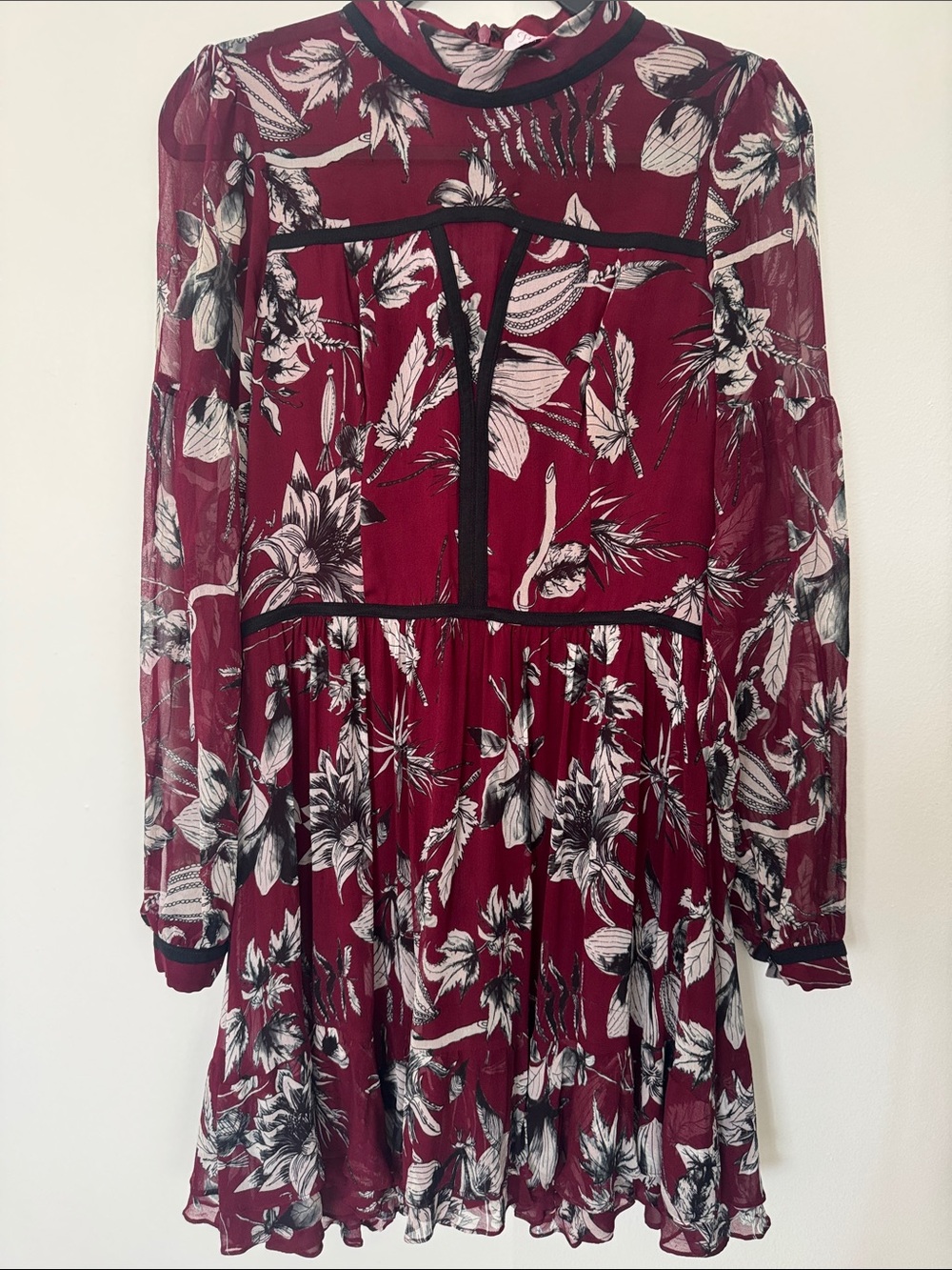 Parker Burgundy Floral Long-Sleeve Chiffon Dress with Black Trim